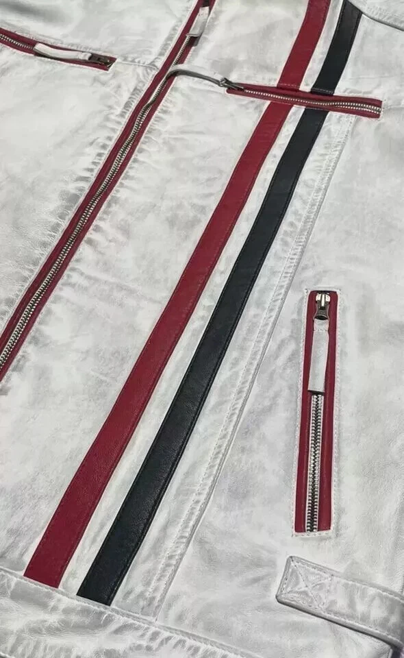 Chaqueta de motociclista Driver Gulf Style blanca de cuero real para hombre Foto 3 de 4