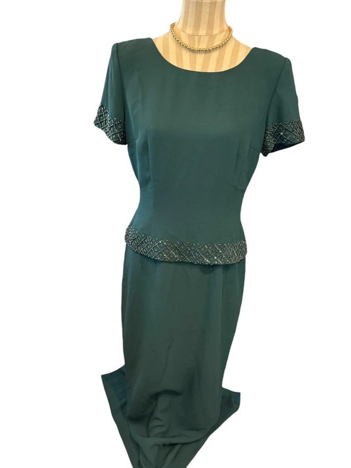 Vestido de Noche Donna Morgan Para Mujer MOB Verde Bosque Cuentas Lentejuelas Vaina Largo Talla 8 Foto 2 de 4