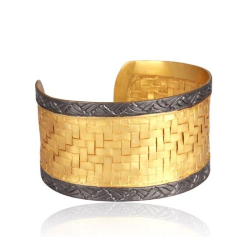 22K Yellow Gold Plated & Black Woven Pattern Wide Fashion Cuff Bangle Bracelet - Picture 1 of 4