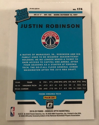 2019-20 Donruss Optic Justin Robinson RC Rated Rookie Holo Silver Refractor SP - Picture 2 of 2