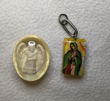 Lot Of 2 Religious Items, Angel Worry Stone And Lucite Mary/Christ Pendant