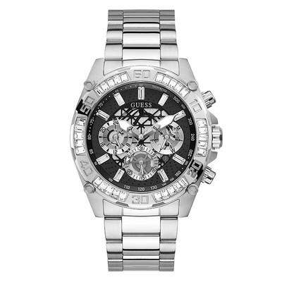 Guess Men s Quartz Silver Watch GW0390G1 Stainless Steel Black Dial 46mm