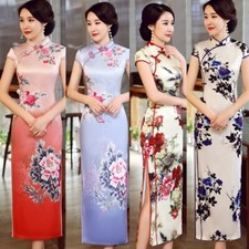 Chinese Traditional Silk Qipao Women Summer Long Cheongsam Model Runway Dress