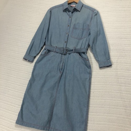 Avon Belted Denim Dress Long Sleeve Pockets Western Style Light Blue 7/8