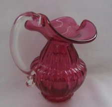 PILGRIM ART GLASS RIBBED CRANBERRY PITCHER JUG WITH CRYSTAL HANDLE