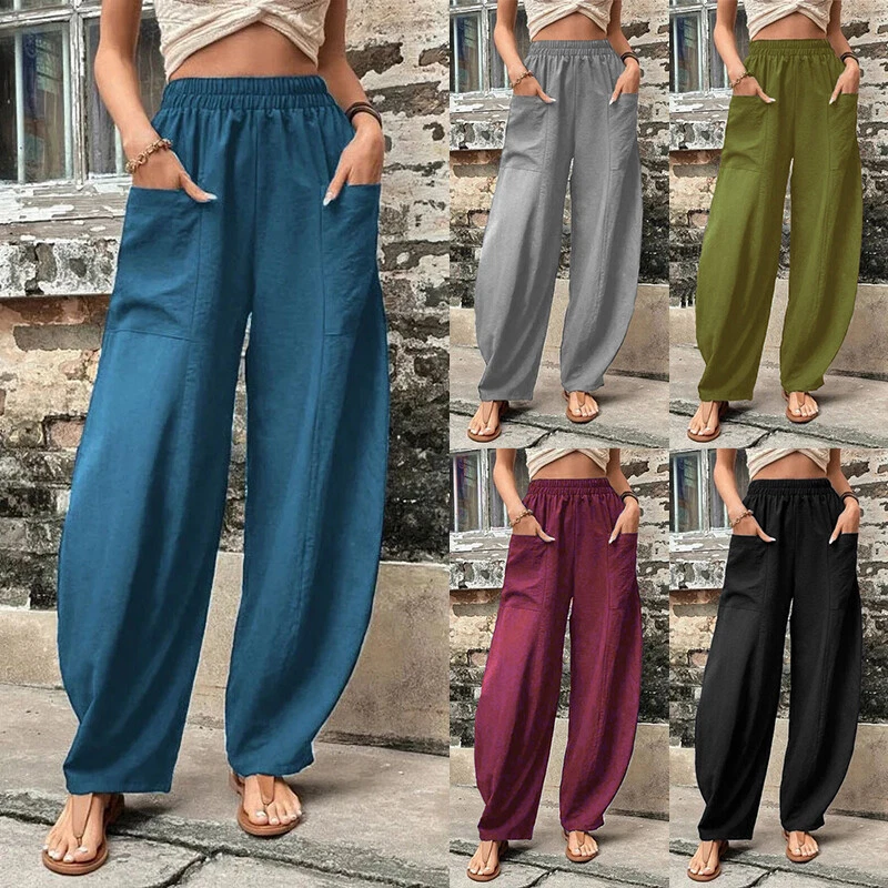 Womens Plus Size Plain Palazzo Trousers Ladies Summer Boho Baggy Wide Leg  Pants