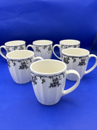 Elegant Set of 6 Waverly Garden Room Coffee Mugs - Timeless Black Floral & Vine - Picture 6 of 9