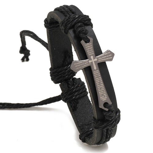 Mens Cross Bracelet Brown Leather Religious Christian Jewelry Woven Rope Wrap - Picture 2 of 10