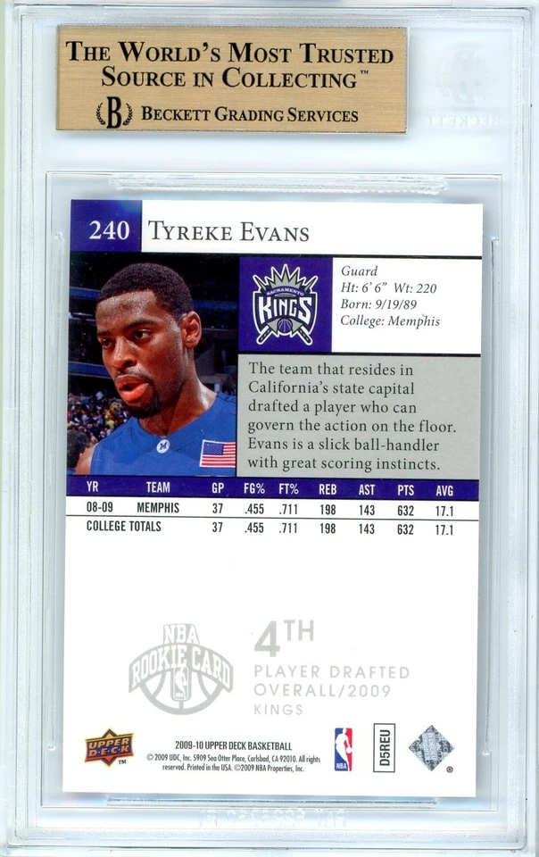 Tarjeta de novato Tyreke Evans RC BGS 9,5: 2009-10 Upper Deck impresión corta #240 Foto 2 de 3
