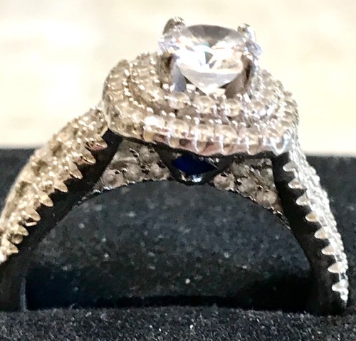 JUEGO DE ANILLOS DE COMPROMISO DE BODA DE COLECCIÓN de plata esterlina con halo de zafiro circonita cúbica talla 8 - Imagen 7 de 15