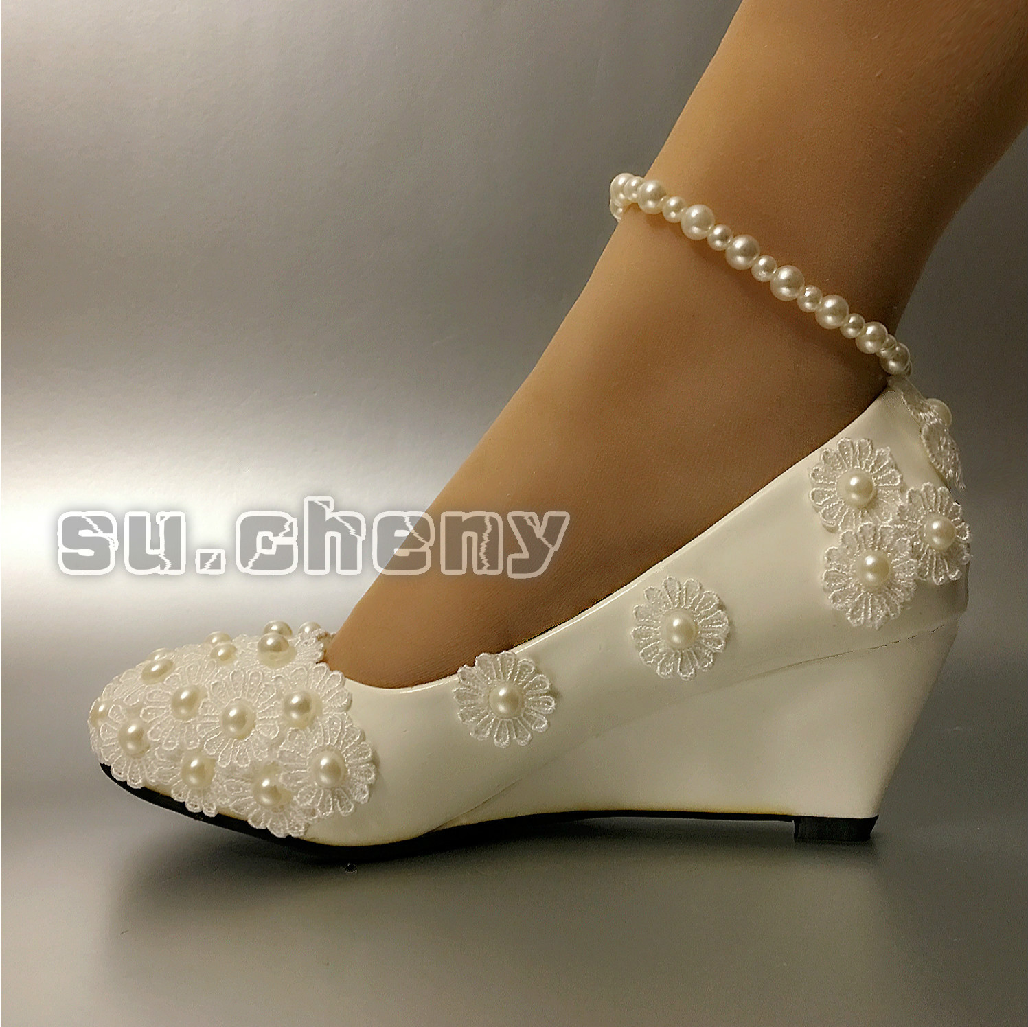 su.cheny Lace white ivory pearls flats low high heel pumps Wedding ...