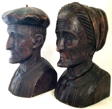 Alberdi Hand Carved Busts: MCM Old Man/ Woman European Couple Wooden 8" Bookends