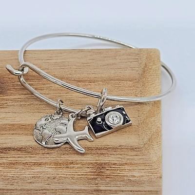 Silver Travel Themed Charmed Bangle Bracelet w Cameral, Airplane