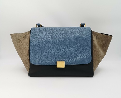 CELINE Women's Blue Black Brown Leather Trapeze Bag Used Condition - 第 1/12 張圖片