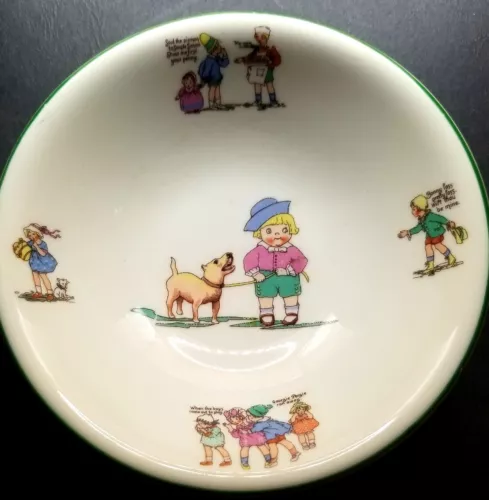 Vtg Shenango Buster Brown & Tige w Nursery Rhyme Border Child's Bowl Hidden Chip