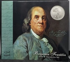 2006 Ben Franklin Coin & Chronicles Set, Silver Dollar, 4 Stamps, OGP!