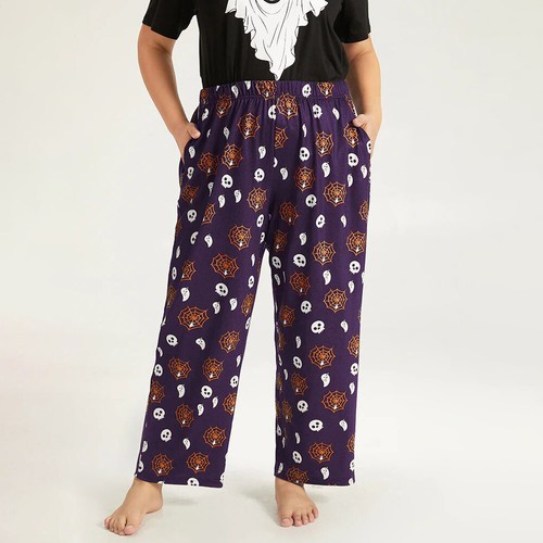 Halloween Womens Casual Loose Floral Printed Wide Leg Pants Trousers Bottoms - Picture 15 of 15