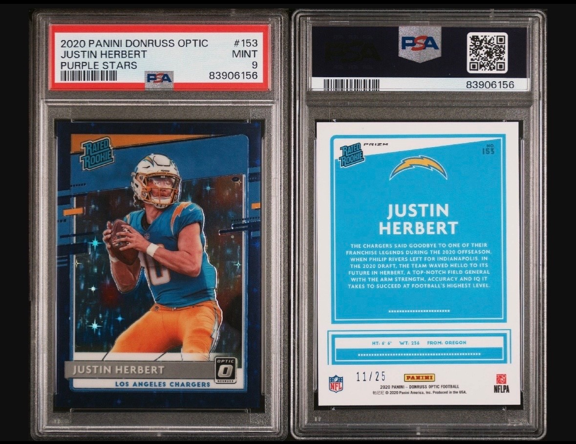 JUSTIN HERBERT 2020 DONRUSS OPTIC #153 RATED ROOKIE PURPLE STARS RC /25 PSA 9