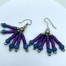 VTG Gold-Tone Purple Blue Seed Beads Multi Stranded Fan Fringe Dangle Earrings