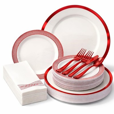 Heavyweight Elegant Disposable Dinnerware Set | Red & White Plastic Plates & Nap