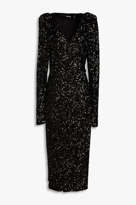 Rotate Black Puff-Sleeve Sequin Midi Wrap Dress sz 38 NEW