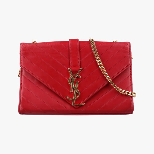 Yves Saint Laurent Monogram Envelope Shoulder Crossbody Bag Leather Red 381668