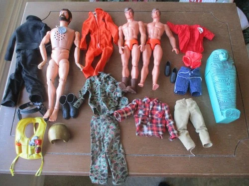 VINTAGE LOT OF G. I. JOE DOLLS CLOTHES ACCESORIES & MUMMY TOMB SARCOPHAGUS
