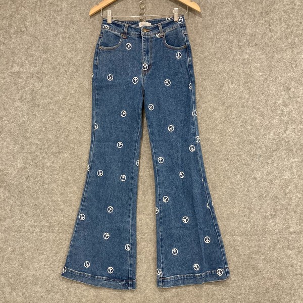 Ghanda Jeans Womens Size 8 Blue Embroidered Flare Denim Zip Cotton 15719
