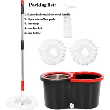 360° Spin Mop Bucket Sets with Wring System in 3 Microfiber Heads, Stainless Ste