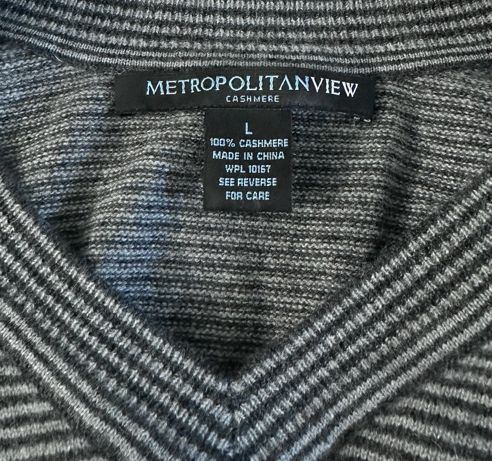 METROPOLITAN VIEW Mens Large 100% Cashmere Pullover Sweater Gray Striped V-Neck - Image 3 of 3