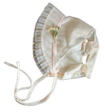 Vintage Baby Toddler Bonnet Pink Sparkle Stripes Faux Flowers Ruffle Brim