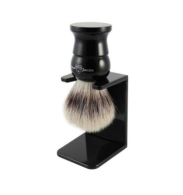 Edwin Jagger Shaving Brush Silver Tip Synthetic Medium Ebony With Stand NEW