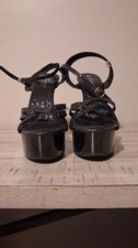 Emanuela Black Sequin Strappy Platform Stiletto Ankle Strap Heels US 8