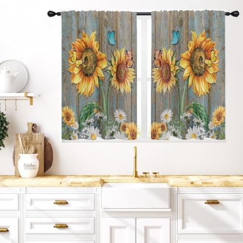 Sunflower Kitchen Window Curtains 27.5 x 39 Inch Small Short Mini Cafe Rod