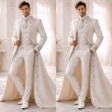 Wedding Men's Long Jacket with Embroidery Luxury Suit Prom Floor Length 3Pcs
