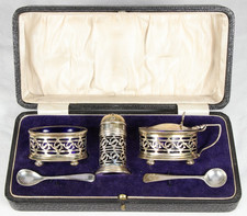 Antikes englisches Sterling Silber Gew&uuml;rzset Birmingham 1925 Art Deco Kobaltglas