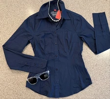 ESPRIT ~ New! Navy Blue Fitted Long Sleeve Cotton Blouse NWT Sz 0 (2XS)