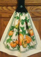 Double hanging kitchen towel fall autumn pumpkins gourds crocheted green top