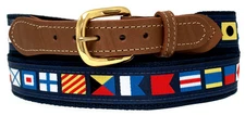 Nautical Code Flag Belt on Navy or Khaki webbing,Tan Leather Tips, Made in US