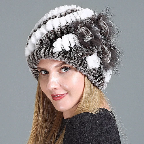 Damen Echt Rex Kaninchenfell Beanie Mütze Winter Warm Mütze mit Fuchs Handarbeit Geflochten - Bild 36 von 52