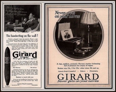  2 1914 -1917 Print Ads Girard Cigars ''Handwriting on the Wall'' Havana no nerves