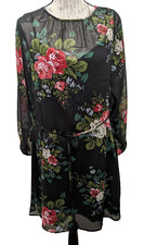 Loft Dress Sz Med Black Bold Floral Sheath Sheer Bodice Sleeves  Romantic Boho