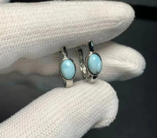 Oval Natural Larimar Gemstone Hoop Earrings 925 Sterling Silver Gift