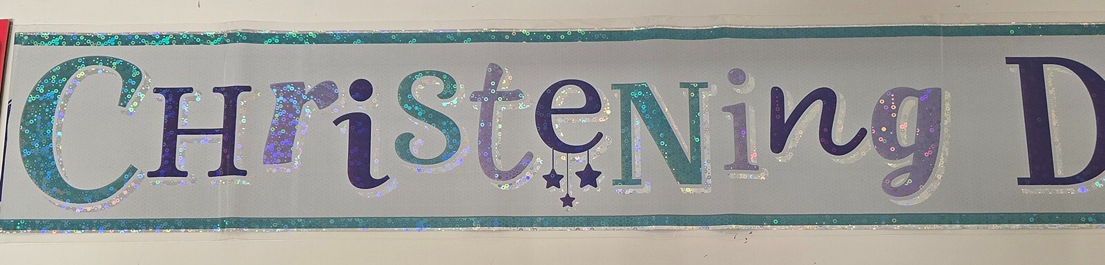Christening Day Foil Holographic Banner for Boy White Green Blue 2.6m Long