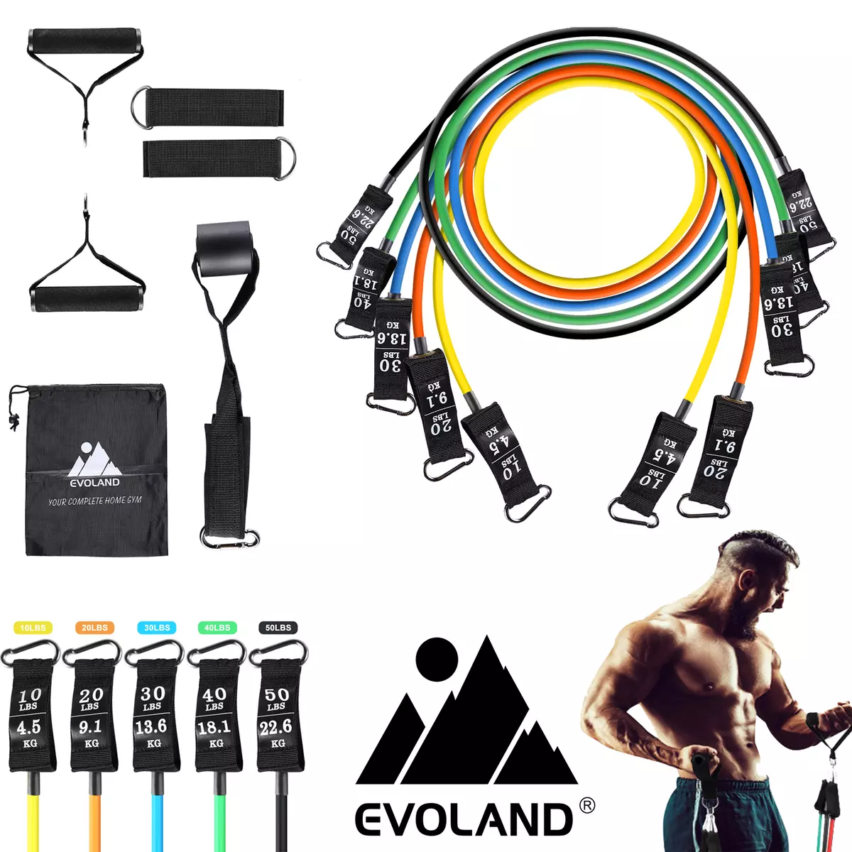 Evoland Resistance Bands Set Pull Rope Gym Home Fitness Exercise Yoga Tube