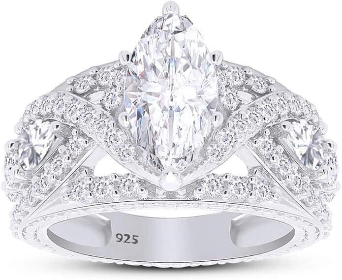 Solitaire Engagement Ring Marquise & Round Cut Cubic Zirconia in Sterling Silver-image