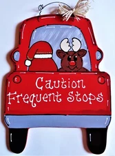 Caution Frequent Stops RED TRUCK Santa & Reindeer SIGN Wall Door Hanger Plaque