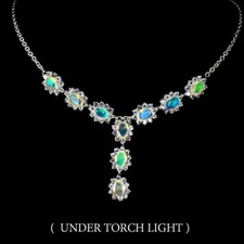 Silver Necklace Opal Tanzanite Genuine Natural Gems Sterling 17 3/4 to 19 3/4 In