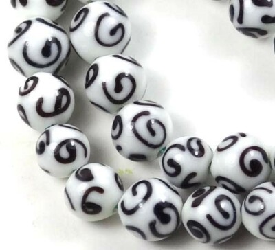 10 Lampwork Handmade Glass Black White Scroll Round Ball Beads 9mm