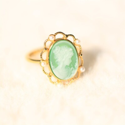 F18 Ring Flora Goddess with Flowers Mother of Pearl Agate Green Silver 925 Gold Plated